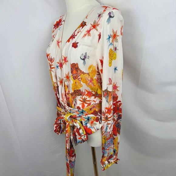 Michelle Morin For Anthropologie Blouse Sz M Floral Tiger Print Wrap Tie Waist - Picture 5 of 14